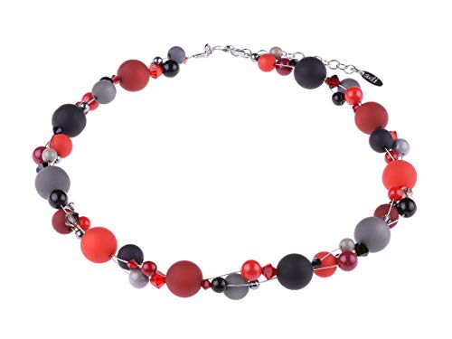 Adi Modeschmuck geflochtene Damenkette 'Leonora', verspielte Mischung aus verschieden großen Polaris, Acryl- und Glasperlen auf 3 Fäden, handgefertigt in Berlin (Rot- und Grautöne mit Schwarz) von Adi modeschmuck