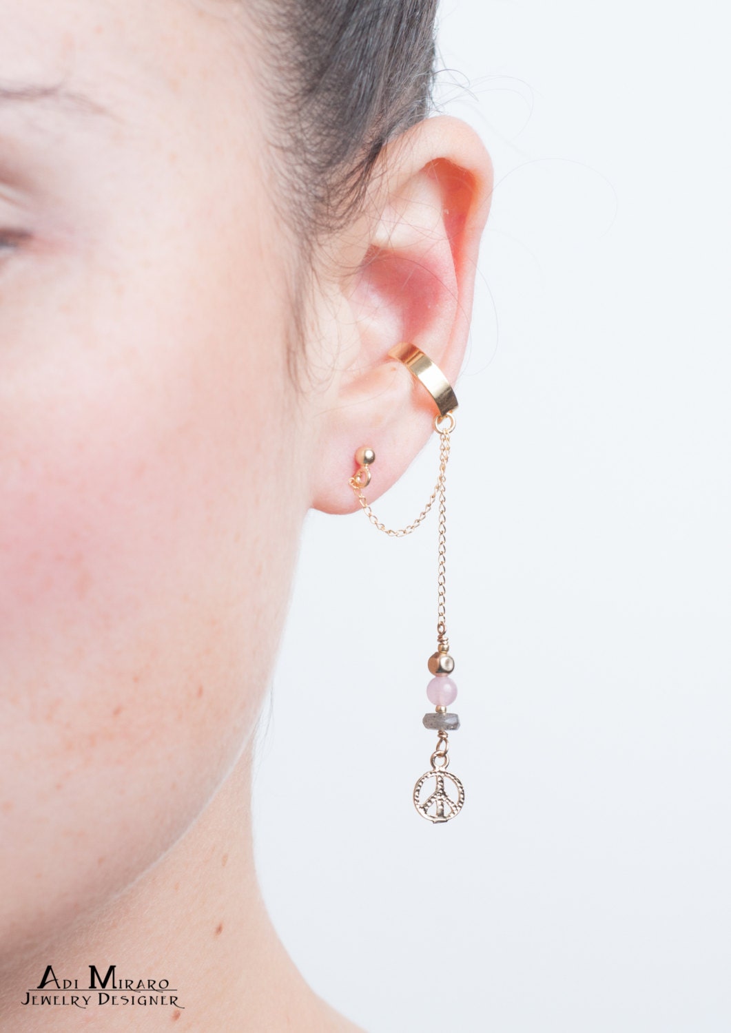 Gold Gefüllt Frieden Zeichen Anhänger, Labradorit & Rose Quarz Edelstein Perlen Ohr Manschette Ohrring, Die Graduierung Schmuck, Sie Brauchen, Um von AdiMiraroJewelry