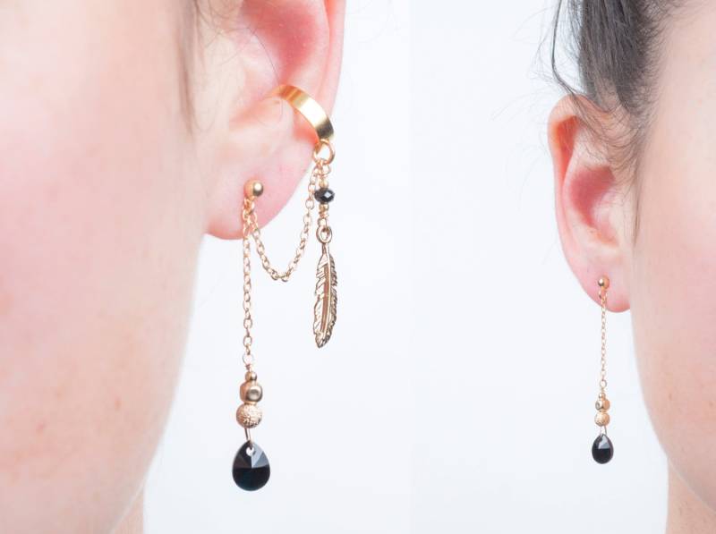 Gold Gefüllt Ohr Manschette + Matching Baumelnohr Set, Feder Anhänger & Schwarz Swarovski Kristall Perle, Der Perfekte Graduierung Look von AdiMiraroJewelry