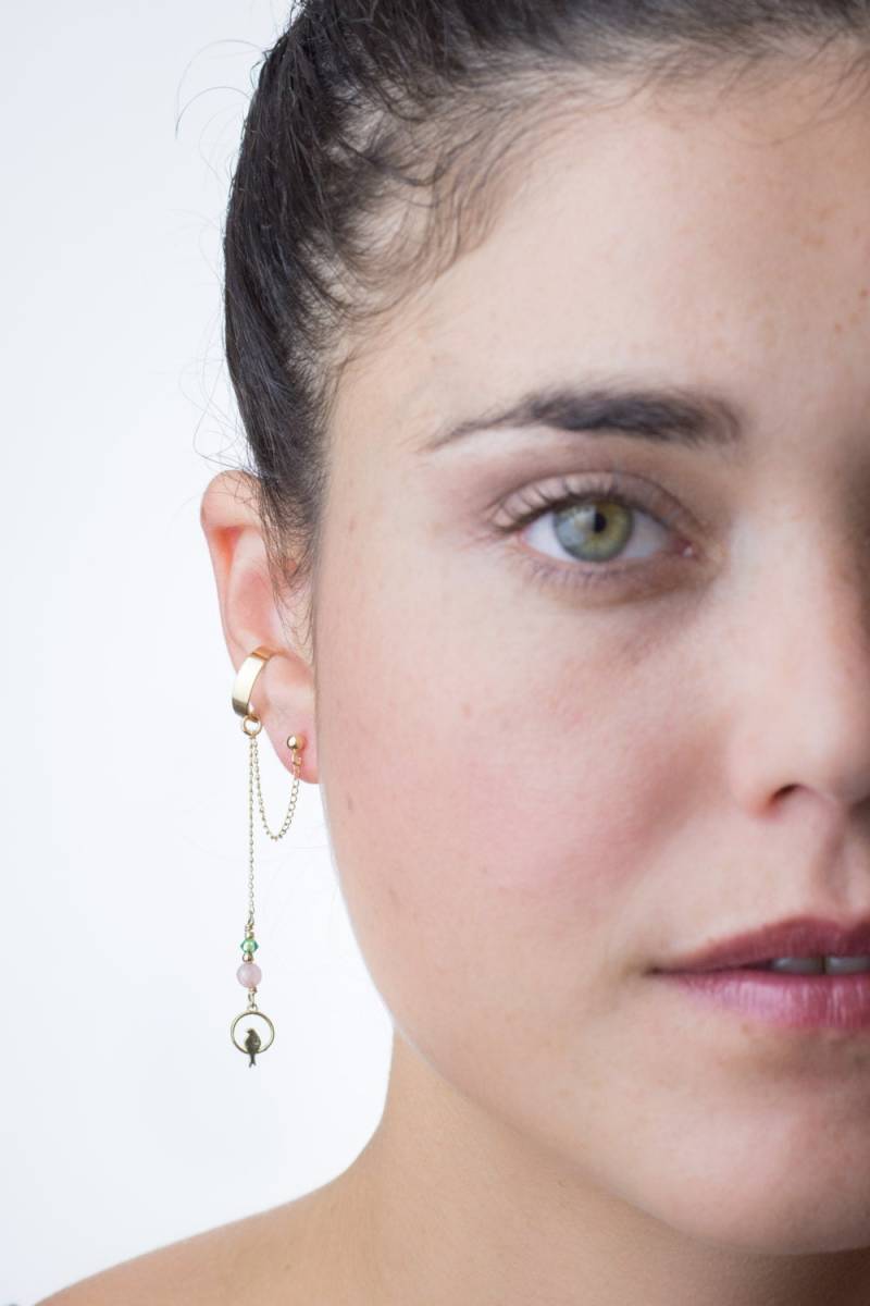 Gold Gefüllt Vogel in Einem Kreis Anhänger & Rose Quarz Edelstein Ohr Manschette Ohrring Mit Einer Linkkette, Perfekte Hochzeitsschmuck Für Einen von AdiMiraroJewelry