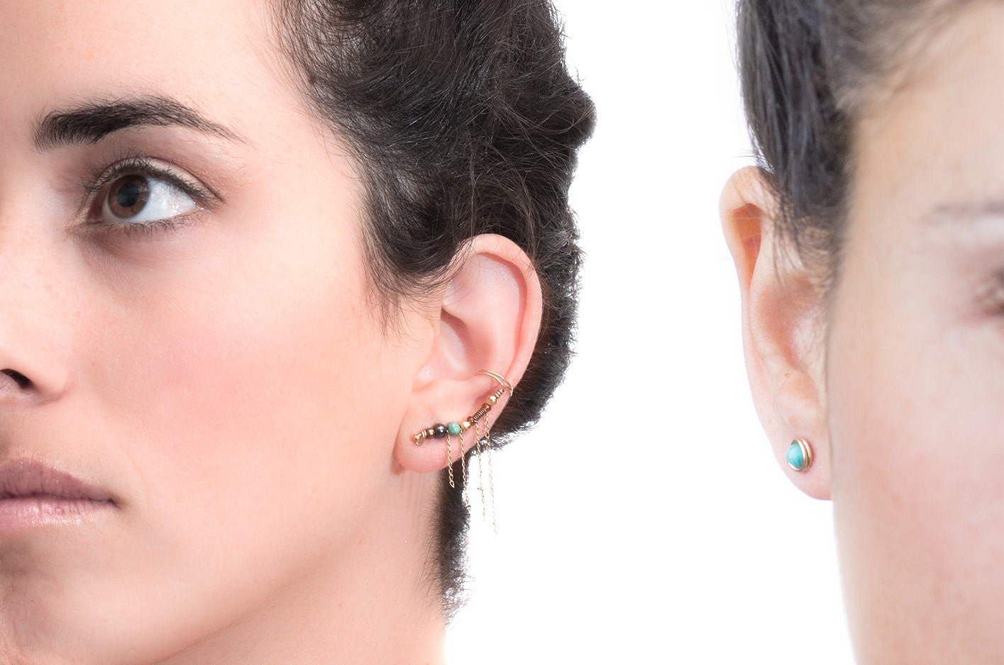 Gold Rock Glam Fransen Ohrring + Passende Türkis Ohrstecker, Schwarzer Hämatit Und Edelstein Kletterer Ohrring, Boho Chic von AdiMiraroJewelry