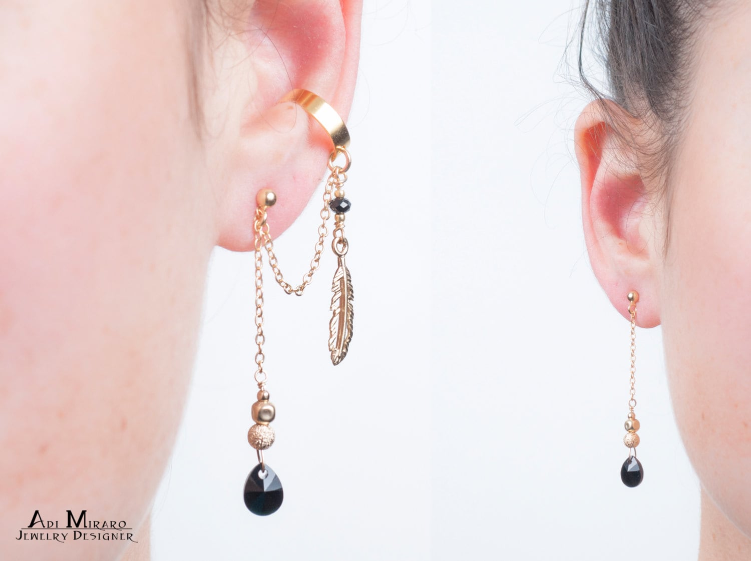 Handgemachte Nicht Übereinstimmende Schwarze Swarovski & Gold Feder Set, Baumeln Ohr Manschette + Matching Ohrring, Um Ihre Muttertagsgeschenk Zu von AdiMiraroJewelry