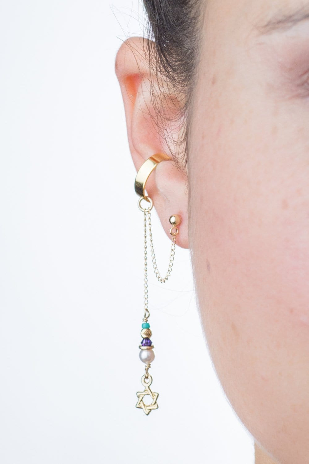 stern Von David Anhänger & Weiß Swarovski Perle Und Türkis Blau Perlen, 14K Gold Gefüllt Ohr Manschette Ohrring, Das Perfekte Geschenk Für Sie von AdiMiraroJewelry