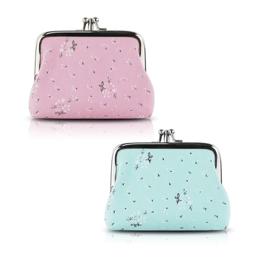 AdiStylinno 2 PCS Münzbörsen für Damen, Niedliche Blumen Druck Münzgeldbeutel mit Doppelten Fächern, Kleingeldbörse mit Kiss Verschluss Mode Mini Portemonnaie Tragbar Mini Geldbörse (Blau + Rosa) von AdiStylinno