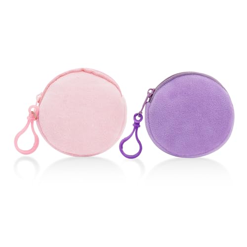 AdiStylinno 2 Pcs Münzbörsen für Damen, Weicher Plüsch Runder Münzgeldbörse, Tragbare Klein Kleingeldbörse Nette Reißverschluss Münztasche, Mini Geldbörse mit Karabiner (Rosa+Lila) von AdiStylinno