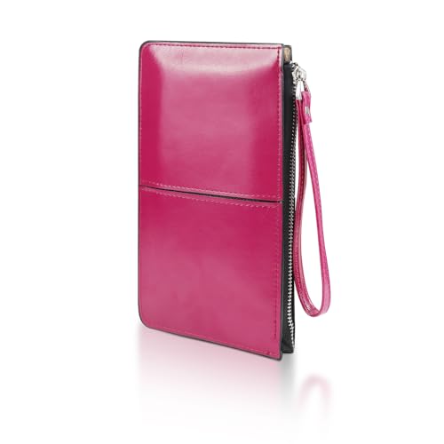 AdiStylinno Damen-Geldbörse, große Kapazität, schmale Handygeldbörse, Leder, Kreditkartenhalter, Handgelenktasche mit mehreren Kartenfächern, Reißverschlusstasche und Handgelenkschlaufe, rosarot, 21 x von AdiStylinno