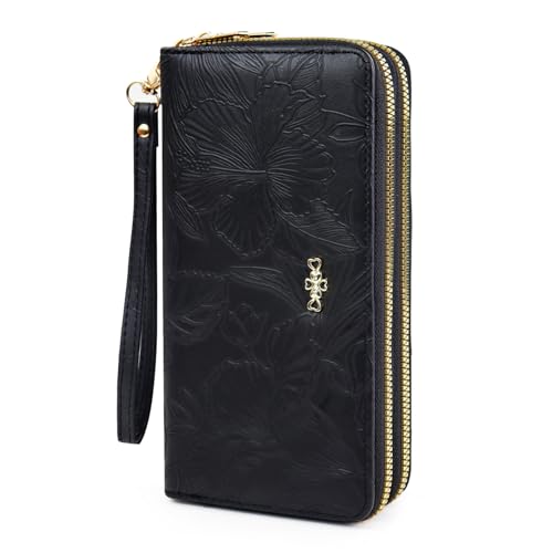 AdiStylinno Damen-Geldbörse, großes Fassungsvermögen, Doppelreißverschluss, Clutch, Brieftaschen für Damen, PU-Leder, Kreditkartenetui mit Handschlaufe, Schwarz, 19 * 9.8 * 4.5cm/7.48 * 3.85 * 1.77 i von AdiStylinno