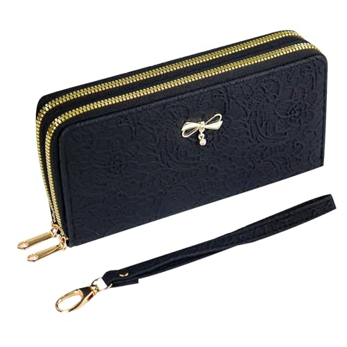 AdiStylinno Damen-Geldbörse, großes Fassungsvermögen, Doppelreißverschluss, PU-Leder, Handgelenkschlaufe, Clutch, Handy-Geldbörse mit Handschlaufe, Schwarz, 20 * 10.5 * 4.5cm/7.8 * 4.1 * 1.8 in von AdiStylinno