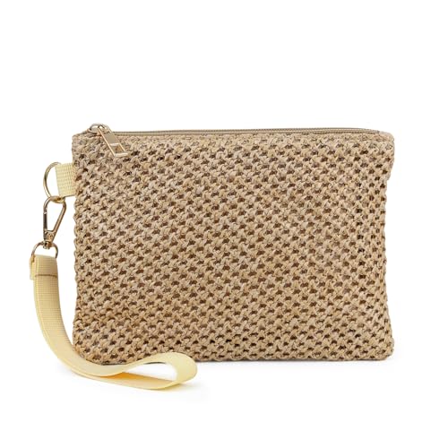 AdiStylinno Damen Stroh Clutch Bag, Böhmische Strohs Tasche Kleine Stroh Handtasche Gewebte Clutch Geldbörse mit Reißverschluss Sommer Stroh Strandtasche für Frauen (Cremefarben) von AdiStylinno