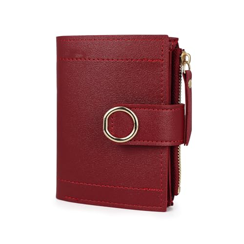 AdiStylinno Geldbeutel Damen, Frauen Mode Bifold Klein Leder Geldbörse, Minimalist Kreditkartenetui Kompakte Portemonnaie mit ID Fenster und Reißverschluss Münzfach (Rot) von AdiStylinno