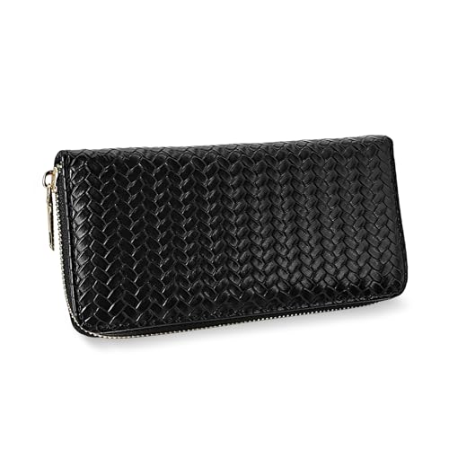 AdiStylinno Geldbörse für Damen, Große Kapazität Leder Weben Lange Geldbeutel, Kartenhalter Brieftasche Lange Portemonnaie mit ID Fenster, Reißverschluss Münztasch und Mehreren Kartenfächer (Schwarz) von AdiStylinno