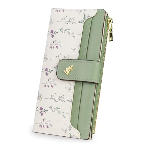 AdiStylinno Geldbörse Damen, PU Leder Lange Schlanke Frauen Portemonnaie, Große Kapazität Bifold Geldbeutel Kartenhalter Blumenmuster Brieftaschen mit Reißverschluss Münzfach (Grün) von AdiStylinno