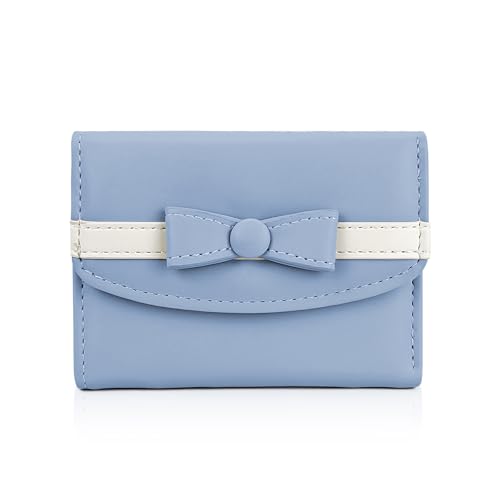 AdiStylinno Geldbörse Damen, PU Leder Kleines Portemonnaie Damen Bogenknoten Trifold Geldbeutel mit ID Fenster 4 Kartenfächer 1 Cash Slot Kreditkartenhalter mit Snap Niedlich Brieftasche (Blau) von AdiStylinno