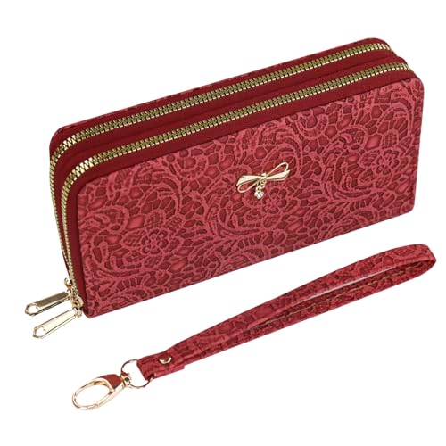 AdiStylinno Geldbörse Damen, PU Leder Portemonnaie Dame Blume Textur Große Kapazität Geldbeutel Kupplung mit Multi-Karte Slots Telefon Münze Taschen (Rot) von AdiStylinno
