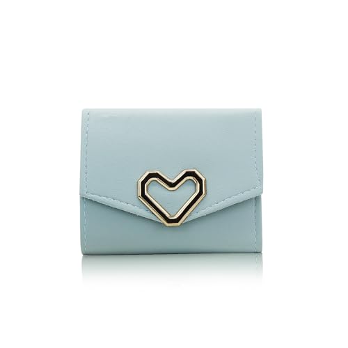 AdiStylinno Damen Geldbörse, Klein Portemonnaie für Frauen Dreifach Herz Leder Kreditkartenetui Geldbeutel mit Druckknopfverschluss Münzfach für Shopping Reisen (Blau) von AdiStylinno
