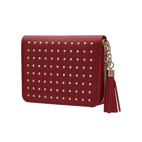 AdiStylinno Geldbörse Damen Klein, PU Leder Kleines Portemonnaie mit Quaste Dekoration, Mini Damen Brieftasche Reißverschluss Geldbeutel Mode Cardholder mit Cash Slots und Münzfach (Rot) von AdiStylinno