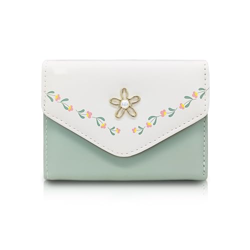 AdiStylinno Geldbörse Damen, Nette Blumen Print Leder Kleiner Geldbeutel Damen Kompakte Bifold Portemonnaie Mode Slim Wallet Frauen Portmonee mit ID Fenster und Mehreren Kartenfächer(Grün) von AdiStylinno