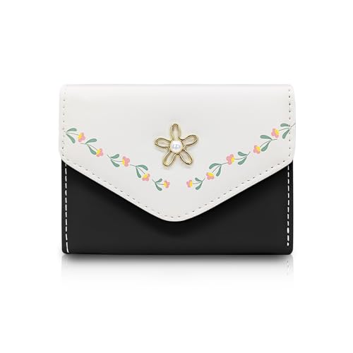 AdiStylinno Geldbörse Damen, Nette Blumen Print Leder Kleiner Geldbeutel Damen Kompakte Bifold Portemonnaie Mode Slim Wallet Frauen Portmonee mit ID Fenster und Mehreren Kartenfächer (Schwarz) von AdiStylinno