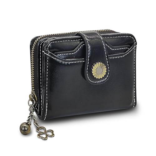 AdiStylinno Geldbörse Damen Klein, PU Leder RFID-Blockierung Geldbeutel mit Fronttasche, Mode Frauen Portemonnaie Blume Brieftasche mit ID Fenster und Reißverschluss Münzfach (Schwarz) von AdiStylinno