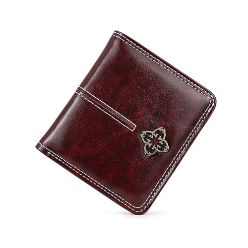 AdiStylinno Geldbörse Damen Klein, Weiche PU-Leder Portemonnaie mit Blume Snap Bifold Slim Mini Geldbeutel Damen Retro Kartenhalter Portmonee wtih Zip Münzfach ID Fenster 6 Card Slots (Weinrot) von AdiStylinno