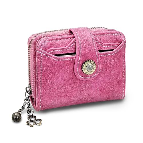 AdiStylinno Geldbörse für Damen, PU-Leder, zweifach gefaltet, mit Vordertasche, modische Blumendekoration, Kreditkartenhalter, Geldbörse mit Ausweisfenster und Münzfach mit Reißverschluss, rose, 12 x von AdiStylinno