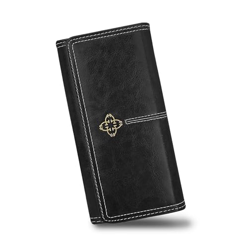 AdiStylinno Geldbörse für Damen, langes Leder, Kreditkartenetui, großes Fassungsvermögen, Damen-Geldbörse mit Blumenverschluss, mehrere Kartenfächer, Schwarz, 19 x 9.5 x 3cm / 7.4 x 3.7 x 1.1 in von AdiStylinno