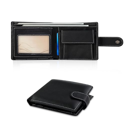 AdiStylinno Geldbörse für Herren, echtes Leder, Bifold Wallet mit 2 Ausweisfenstern, kompakte Geldtasche mit Münzfach und 6 Kartenfächern, Schwarz, 11 x 2 x 8 cm / 4.3 x 0.78 x 3.14 in, Modern von AdiStylinno