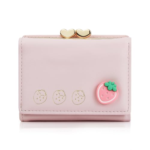 AdiStylinno Geldbörsen für Damen, kleine süße Damen-Geldbörse, dreifach gefaltet, weiches PU-Leder, kompaktes Obstmuster, Kartenhalter mit 1 Münzfach, 7 Kartenfächern und 1 Fotofach, rose, 10.5 x 3 x von AdiStylinno