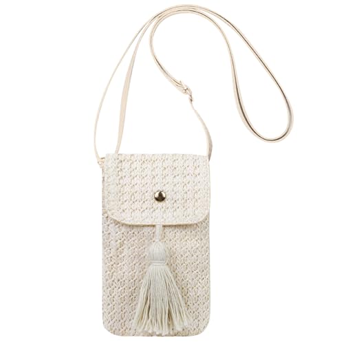 AdiStylinno Handytasche Zum Umhängen Damen, Gewebte Tasten Strohtaschen für Frauen Umhängetasche Damen Klein Strand Tasche, Handy Straw Beach Bag mit Langem Gurt (Beige) von AdiStylinno
