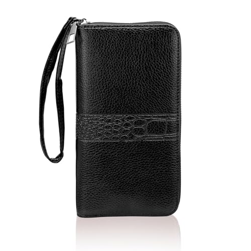 AdiStylinno Herren-Geldbörsen, große Kapazität, Leder, lange Geldbörse mit Reißverschluss, Business-Telefon-Geldbörse, Clutch-Geldbörse mit Handschlaufe und mehreren Kartenfächern, Schwarz , 19.5 x 10 von AdiStylinno