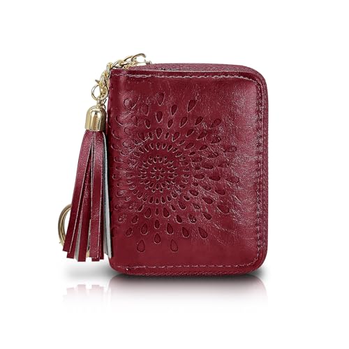 AdiStylinno Kreditkartenetui für Damen, Leder Kartenetui mit Münzfach, Kartenhalter Geldbeutel mit Reißverschlus Schlüsselanhänger, Mode Exquisite Kleines Portemonnaie für Damen (Weinrot) von AdiStylinno
