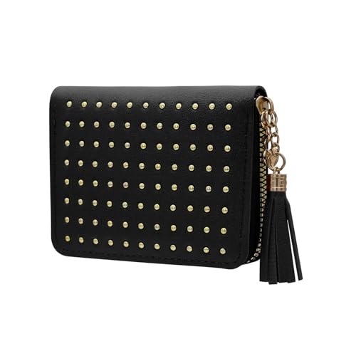 AdiStylinno Kartenetui für Damen, Leder, kleine Geldbörse, Kartenetui mit Quasten-Dekoration, Mini-Reißverschluss, Kleingeldbörse mit Geldfächern und Münzfach, Schwarz , 11 x 8.7 x 2 cm / 4.33 x 3.43 von AdiStylinno