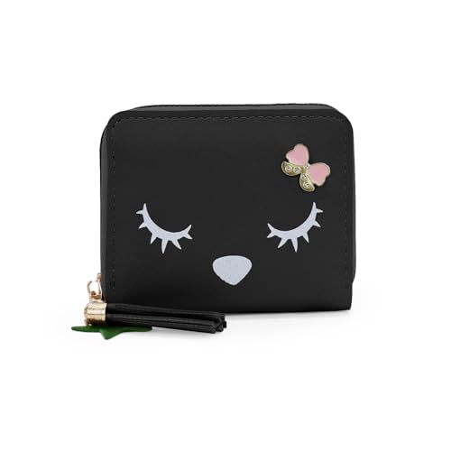 AdiStylinno Kleine Geldbörse für Damen, niedliches Muster, Reißverschluss, Münzgeldbörse, Mini-Münztasche, Ledergeldbörse mit Kartenfächern, Schwarz, 11 x 9 x 2 cm / 4.33 x 3.54 x 0.78 in, Niedlich von AdiStylinno