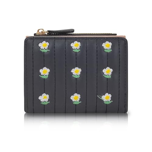 AdiStylinno Kleine Geldbörsen für Damen, Bifold Floral Pattern Kleine Geldbörse mit Reißverschluss Kartenhalter Niedlich PU Leder Frauen Geldbörsen mit Münzfach Muti Kartenfächer Münzschieber, Schwarz von AdiStylinno