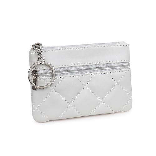 AdiStylinno Kleine Münzbörse, Rhombus-PU-Leder, Münzbörse mit 2 Reißverschlussfächern und Schlüsselanhänger, tragbare Münztasche, Mini-Münztasche für Damen und Herren, weiß, Minimalistisch von AdiStylinno