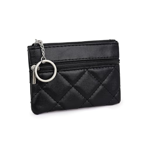 AdiStylinno Kleiner Geldbeutel, Rhombus PU Leder Münzbeutel Wechsel Mini Geldbörse mit 2 Reißverschluss Fächer und Schlüsselanhänger, Tragbare Kleingeldbörse Mini Münzbörsen für Damen (Schwarz) von AdiStylinno