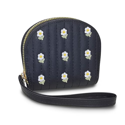AdiStylinno Kreditkartenetui für Damen, niedliche Blumenstickerei, kleiner Reißverschluss, Kartenetui, PU-Leder, Mini-Akkordeon-Geldbörse mit Handschlaufe, Schwarz , 11.3 x 9.3 x 2.8 cm / 4.45 x 3.66 von AdiStylinno