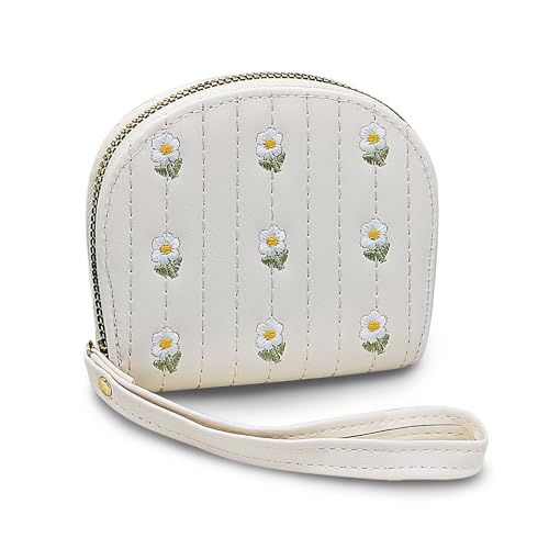 AdiStylinno Kreditkartenetui für Damen, niedliche Blumenstickerei, kleiner Reißverschluss, Kartenetui, PU-Leder, Mini-Akkordeon-Geldbörse mit Handschlaufe, weiß, 11.3 x 9.3 x 2.8 cm / 4.45 x 3.66 x von AdiStylinno
