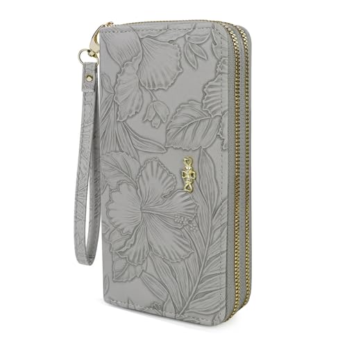 AdiStylinno Portemonnaie Damen, Große Kapazität Blumendruck Lange Geldbeutel für Damen, PU Leder Kreditkartenetui Geldbörse mit Reißverschlusstasche Multi Card Slots großen Fächern (Grau) von AdiStylinno