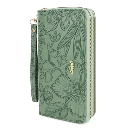 AdiStylinno Portemonnaie Damen, Große Kapazität Blumendruck Lange Geldbeutel für Damen, PU Leder Kreditkartenetui Geldbörse mit Reißverschlusstasche Multi Card Slots großen Fächern (Grün) von AdiStylinno