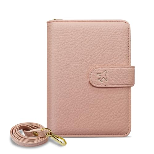 AdiStylinno Reisepasshülle, RFID-Blocker Passport Cover mit Hals-Umhängeband und Kartenhalter, PU Leder Reisepass Hülle für Männer Frauen Mode Passport Hülle für Reisen (Pink) von AdiStylinno