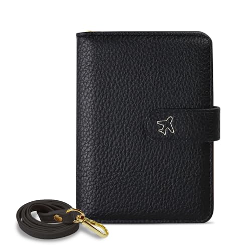AdiStylinno Reisepasshülle, RFID-blockierende Reisepasshülle mit Umhängeband und Kartenhalter, weiches PU-Leder, Reisedokumente, Organizer, Brieftasche für Männer und Frauen, Schwarz , 15 x 11 x 2 cm von AdiStylinno