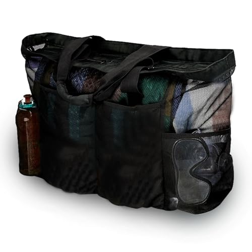 AdiStylinno Strandtasche XXL Familie, Mesh Strandtasche mit Reißverschluss Große Badetasche Faltbare Leichte Mesh Beach Bag für Shopper Familien Urlaub Strand Essentials (Schwarz) von AdiStylinno