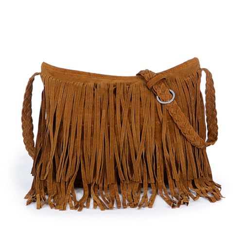 Adistylinno Fringe Crossbody Handbag Damen, große Quasten Damen Umhängetaschen Multifunktionale Schultertasche mit gewebtem Schultergurt Wildleder Handtasche für tägliche Reisen (Braun) von AdiStylinno