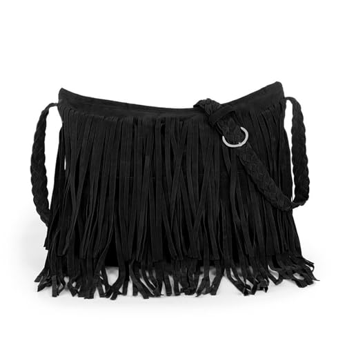 Adistylinno Fringe Crossbody Handbag Damen, große Quasten Damen Umhängetaschen Multifunktionale Schultertasche mit gewebtem Schultergurt Wildleder Handtasche für tägliche Reisen (Schwarz) von AdiStylinno