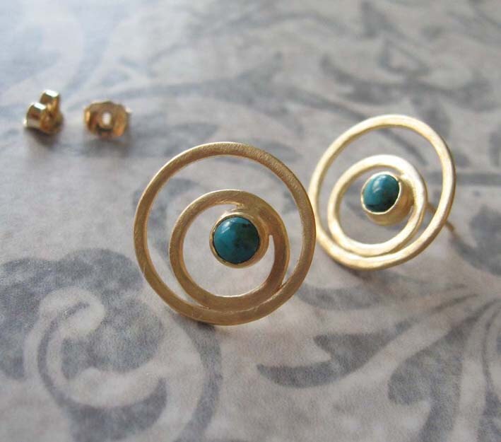 Gold Kreise Ohrstecker Mit Türkis, Ohrstecker, Edelstein von AdiYesod