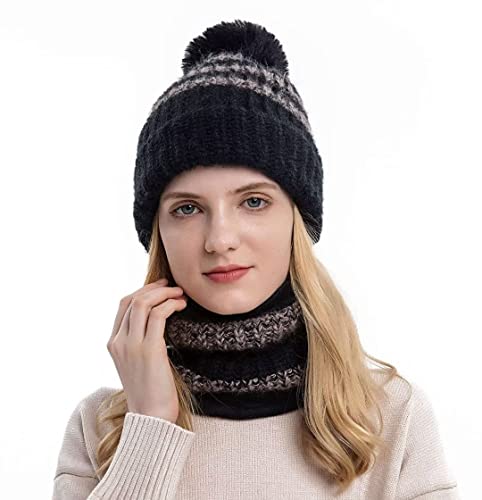 Adicloz Schal und Mütze Damen Set, Beanie mit Pompons Herbst Winter, Slouch Strick Fleecefutter Elastischer Mütze Schal mit Bommel für Wintergeschenk von Adicloz