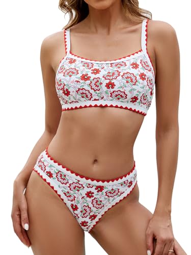 Adigaber Bikini-Sets für Damen Blumenmuster Zweiteiliger Badeanzug U-Ausschnitt Schnürung Bikini-Oberteile und High Waist Bauchweg Bikini-Unterteile von Adigaber