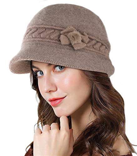 Adigaber Brim Cap Angoramütze Damen mit Fleece gefüttert Thermal Wintermütze Gestrickte Baskenmütze Häkelmode Strickmütze mit Schirm von Adigaber