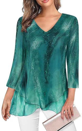 Adigaber Damen 3/4 Ärmel Blusen mit V-Ausschnitt Atmungsaktiv und kühl Hemden Doppellagig Mesh Tuniken Oberteil von Adigaber